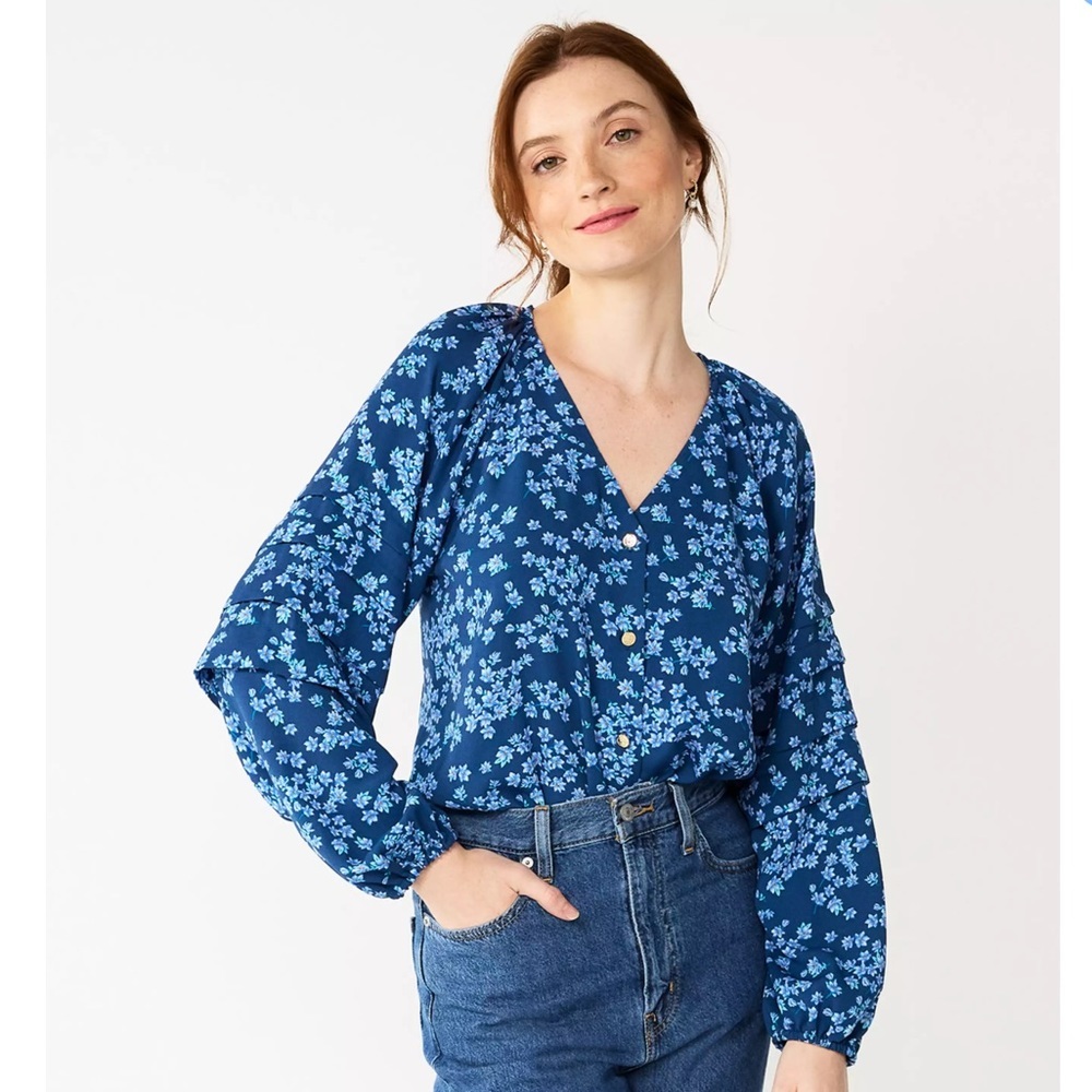 Draper James Bodysuit Womens XXL Blue Floral Print‎ Blouse RSVP Ruffled Sleeve